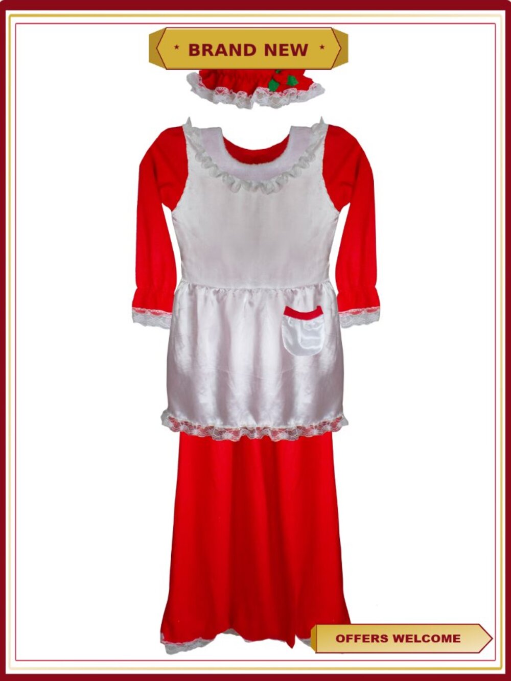 Mrs. Claus Costume Set 3-Piece Dress Hat Apron Polyester Plus Size